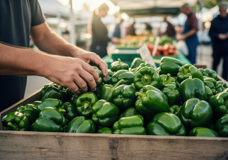 Hands carefully arranging vibrant green bell peppers in a rustic wooden crate at an outdoor farmer market. fresh produce, healthy eating, and local shopping concept.の素材