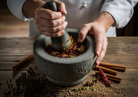 Chef hands meticulously grind a vibrant mix of exotic spices in a traditional stone mortar and pestle on a rustic wooden surface, highlighting culinary preparation.の素材