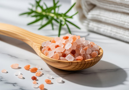 Natural pink himalayan salt crystals in a wooden spoon, with scattered grains on a marble surface. rosemary and soft towels evoke a serene spa and wellness atmosphere, highlighting natural ingredients and relaxation.の素材