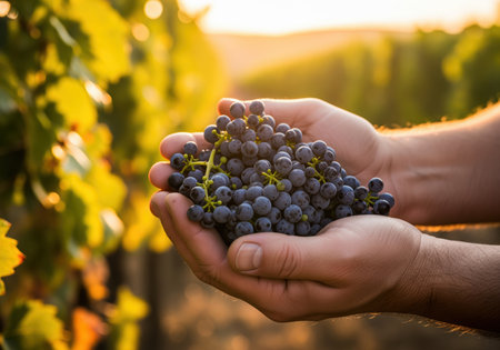 Man hands cradle a generous bunch of freshly picked dark grapes, illuminated by the warm glow of a setting sun in a lush vineyard. represents harvest, winemaking, and natural abundance.の素材