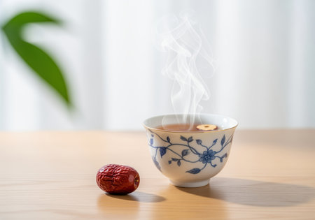 Steaming jujube tea in a beautiful ceramic cup with blue floral patterns, accompanied by a dried red date on a light wooden table. emphasizes warmth, health, and traditional wellness.の素材
