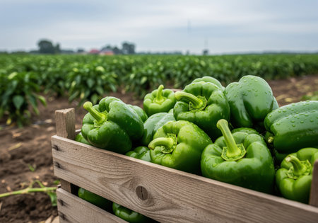 Freshly picked green bell peppers with glistening water droplets fill a rustic wooden crate, set against a blurred agricultural field. represents harvest, healthy eating, and farm to table concepts.の素材