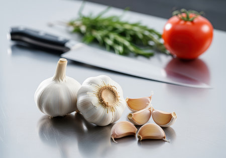 Fresh garlic bulbs and separated cloves arranged on a shiny metallic kitchen counter. a red tomato, green rosemary sprigs, and a chef knife are blurred in the background, highlighting cooking preparation and healthy ingredients.の素材
