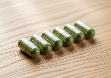 Five green herbal supplement capsules filled with natural powder are neatly arranged in a diagonal row on a light wooden table, emphasizing health and wellness.の素材