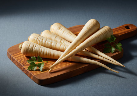 Freshly harvested parsnips with vibrant green parsley sprigs arranged on a rustic wooden cutting board, ready for culinary preparation. healthy root vegetable.の素材