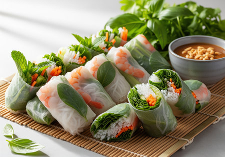 Authentic vietnamese summer rolls filled with fresh shrimp, crisp lettuce, carrots, cucumber, and vermicelli noodles, served with a rich peanut dipping sauce on a bamboo mat. healthy and vibrant asian cuisine.の素材