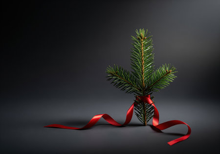 Fresh balsam fir branch tied with a vibrant red satin ribbon, presented elegantly on a dark charcoal gray surface. ideal for festive holiday season designs and winter themes.の素材