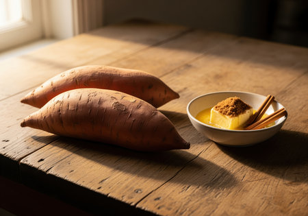 Two raw sweet potatoes on a rustic wooden table, next to a bowl of melting butter, brown sugar, and cinnamon sticks, illuminated by warm natural light.の素材