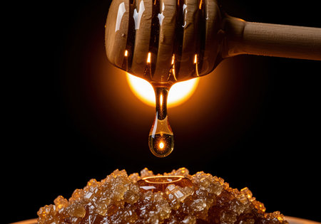 Golden honey drop falling from a wooden dipper, reflecting light, onto a mound of sparkling brown sugar crystals. sweet, natural, and delicious food concept.の素材