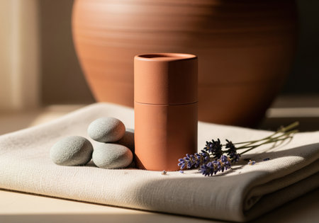 Matte terracotta cylindrical bottle, smooth grey stones, and fresh lavender sprig arranged on a folded linen cloth under soft, warm window light. evokes wellness, spa, and natural beauty.の素材