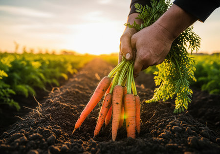 Farmer hands pulling a vibrant bunch of fresh carrots from dark, rich soil in a sunlit agricultural field. emphasizes harvest, organic farming, and healthy food production.の素材