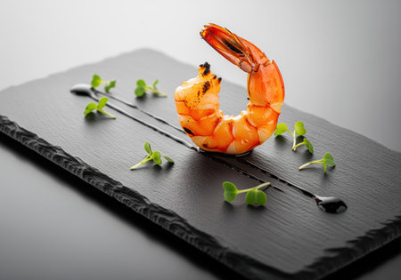 Perfectly grilled jumbo prawn appetizer presented on a sophisticated black slate plate, garnished with fresh microgreens and a dark sauce drizzle. elegant culinary dish.の素材