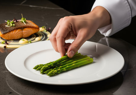 Professional chef hand meticulously arranges vibrant green blanched asparagus spears on a pristine white plate, preparing a gourmet meal. a perfectly cooked salmon fillet is visible in the background, emphasizing culinary artistry and fine dining.の素材
