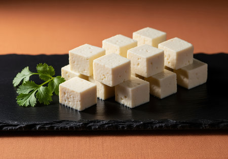 Delicious indian paneer cheese cubes, freshly cut and arranged with green cilantro on a dark slate serving board. perfect for culinary use.の素材