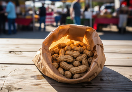 Brown paper bag overflowing with freshly harvested peanuts in their shells, resting on a rustic wooden table. blurred background shows a lively outdoor market scene.の素材