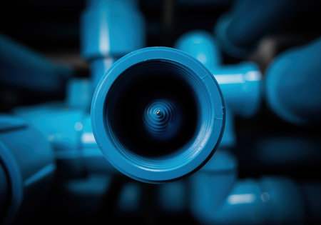 Blue PVC pipe fitting with a dark, threaded interior, captured in an extreme close up with shallow depth of field. essential component for plumbing, water systems, and construction projects.の素材