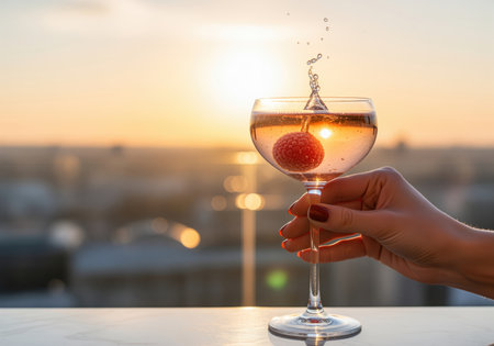 Woman hand holding a champagne coupe glass with a pink lychee cocktail, creating a dynamic splash against a golden sunset and blurred city skyline. refreshing drink for celebration.の素材