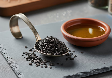 Smoked black flake salt in a vintage silver spoon, accompanied by olive oil in a terracotta bowl, arranged on a dark slate board. essential gourmet ingredients for cooking and seasoning.の素材