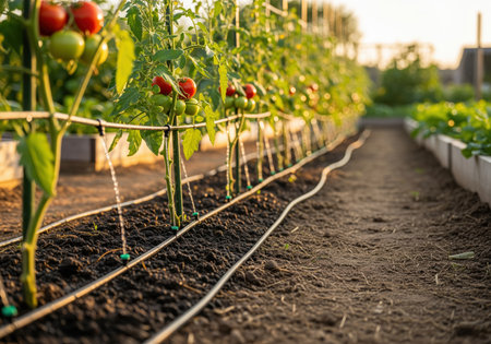 Rows of vibrant tomato plants, some with red and green fruit, are efficiently watered by a drip irrigation system in a sunny outdoor garden. emphasizes sustainable agriculture and water conservation.の素材