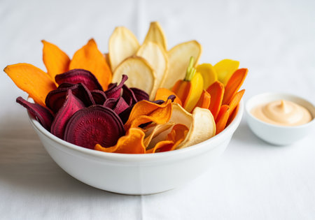 Vibrant mixed vegetable chips, including beetroot, sweet potato, and parsnip, presented in a white ceramic bowl. served with a creamy dipping sauce, ideal for a healthy snack or appetizer.の素材
