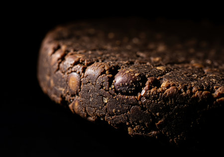 Dark, textured fermented soybean disc with a rough, uneven edge, captured in an extreme close up with dramatic low key lighting. highlights rich texture and natural imperfections, evoking traditional food and artisanal craft.の素材
