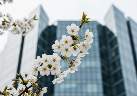 Pristine white cherry blossoms bloom on a branch, set against the blurred backdrop of sleek, modern glass skyscrapers, symbolizing spring in the city.の素材