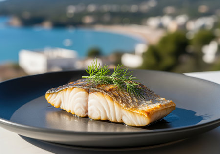 Grilled fish fillet with crispy skin and fresh dill on a dark plate, set against a blurred scenic backdrop of a sunny blue bay and coastal town.の素材