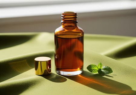 Amber glass bottle filled with essential oil, golden cap, and fresh mint leaves on a green fabric surface. represents natural health, wellness, and aromatherapy.の素材
