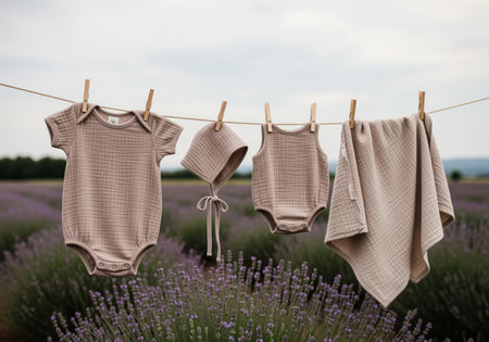 Organic cotton baby clothes, including a romper, bonnet, and blanket, hang on a clothesline in a beautiful lavender field, symbolizing natural care and comfort.の素材