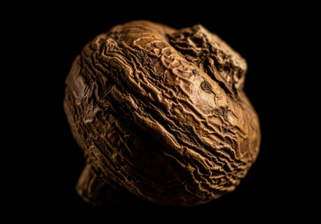 Dried maca root with a deeply wrinkled and textured surface, captured in a dramatic macro shot against a dark, mysterious background. emphasizes natural detail and organic form.の素材