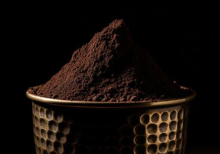 Rich dark cocoa powder forms a textured peak in a rustic, hammered metal bowl, dramatically lit against a deep black background. ideal for culinary, baking, and gourmet themes.の素材