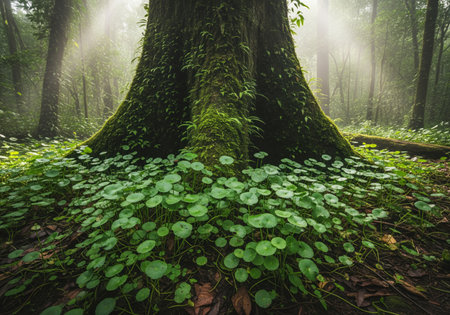 Moss covered ancient tree trunk surrounded by vibrant centella asiatica groundcover in a misty forest. sun rays illuminate the lush green foliage and forest floor, creating a serene natural scene.の素材