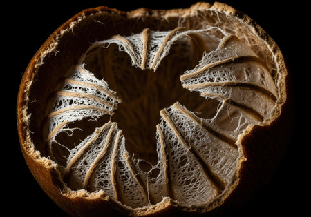 Intricate fibrous web structure inside a broken monk fruit shell, captured with extreme macro detail. highlights natural patterns, texture, and organic complexity. focus on abstract forms and biological design.の素材