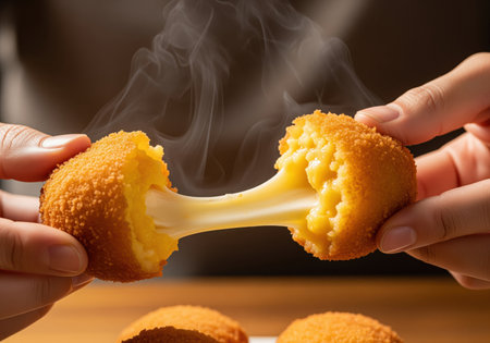 Hot golden croquette with a crispy breaded exterior being pulled apart by human hands, showcasing a delicious, stretchy melted cheese filling and rising steam.の素材