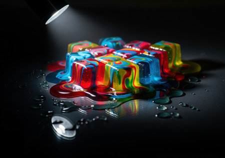 Vibrant, colorful jelly cubes melting on a dark, reflective surface, creating abstract liquid patterns and reflections. illuminated by a spotlight, showcasing a dynamic, artistic still life.の素材