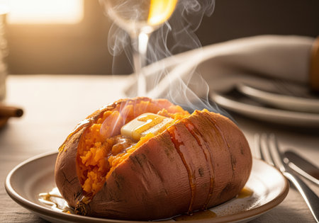 Hot baked sweet potato, split open and steaming, topped with melting butter and a drizzle of syrup on a plate. a warm, comforting, and healthy side dish.の素材