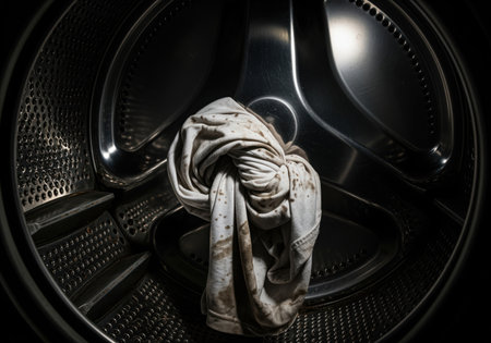 Heavily stained white cotton garment, twisted and dirty, inside a metallic washing machine drum. ready for a deep clean, symbolizing household chores, cleanliness, and hygiene.の素材