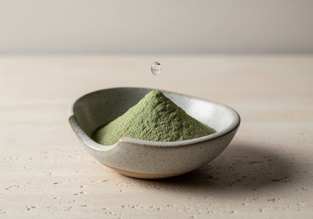 Smooth pile of green clay powder in a minimalist stoneware bowl with a water droplet suspended above, ideal for natural beauty and spa concepts.の素材