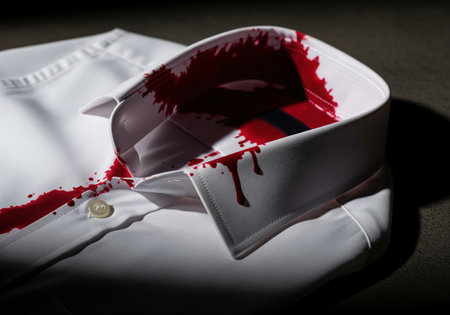 Crisp white shirt collar with a large, dark crimson stain and drips, suggesting a crime scene or an unfortunate incident. forensic evidence concept.の素材