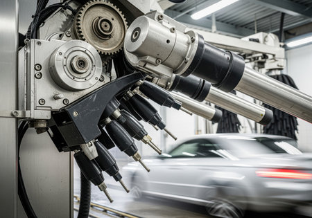 Automated car wash system showcasing intricate mechanical gears, spray nozzles, and metallic arms. a blurred vehicle passes through the cleaning process, highlighting efficiency and modern technology.の素材