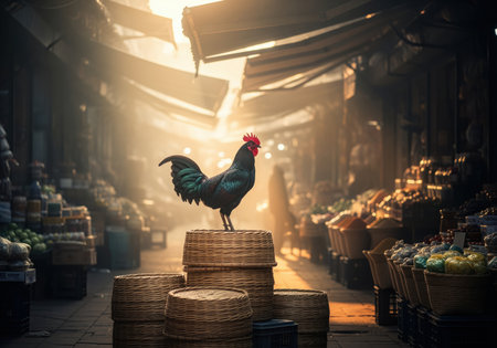 A striking black rooster with a red comb and iridescent tail feathers stands proudly on woven bamboo baskets in a bustling, sunlit market street.の素材