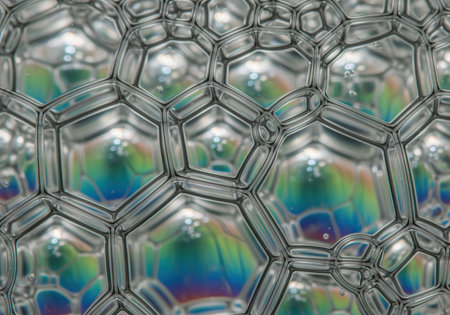Close up of soap foam revealing a complex network of transparent hexagonal bubbles. iridescent reflections of green, blue, and purple create a vibrant, abstract pattern, highlighting scientific principles and fluid dynamics.の素材