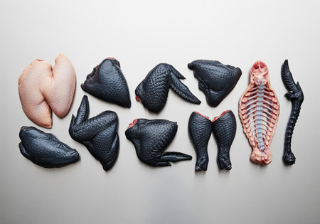 Raw black chicken parts, including wings, drumsticks, skin, and spine, displayed alongside two light pink chicken breasts on a light grey surface. showcases exotic and common poultry cuts.の素材