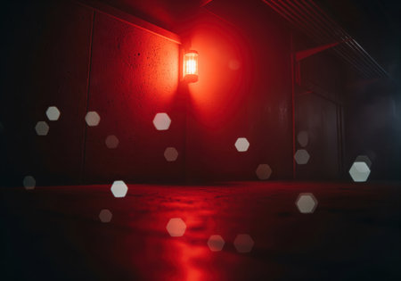 Red emergency light illuminates a dark, textured wall in an industrial setting, creating an intense atmosphere with scattered hexagonal bokeh lights. concept of danger, warning, and suspense.の素材