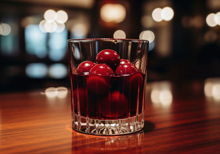 Brandied cherries in a rich, dark syrup are presented in a heavy crystal tumbler on a glossy wooden surface, with elegant bokeh lights in the background. evokes luxury, indulgence, and a sophisticated atmosphere.の素材
