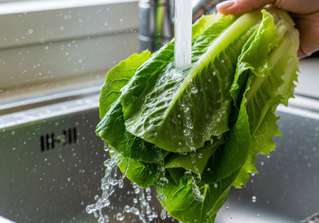 Fresh green lettuce being washed by a hand under a stream of cold running water in a stainless steel kitchen sink. emphasizes hygiene, healthy eating, and food preparation.の素材
