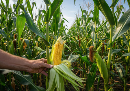 Farmer hand gently inspecting a ripe yellow corn cob with green husks in a vast, lush agricultural field under a bright sky. represents harvest, growth, and sustainable farming.の素材
