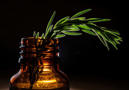 Fresh rosemary sprig with vibrant green leaves dramatically backlit, placed inside a dark amber glass bottle against a deep black background. evokes natural health, herbal remedies, and essential oils.の素材