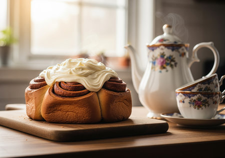 Large, warm cinnamon roll topped with generous cream cheese frosting, served on a wooden board next to a classic floral tea set with steaming teapot in a bright kitchen.の素材
