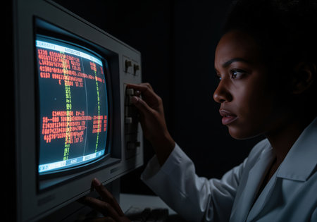 African american woman scientist intensely focused on a vintage CRT monitor displaying glowing red and green data in a dimly lit laboratory. she is adjusting controls, engaged in scientific research and data analysis.の素材